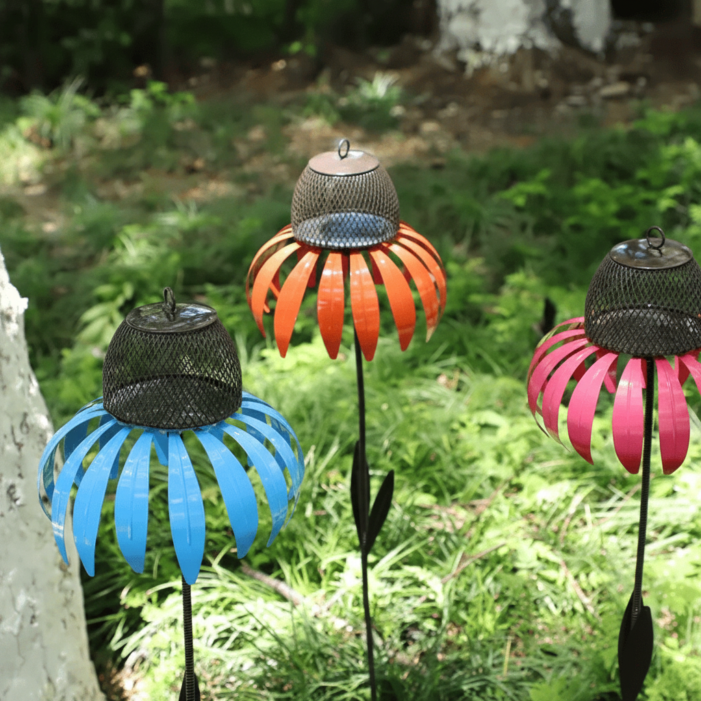 Comedero de pájaros de metal con diseño de girasol para colgar en jardín exterior