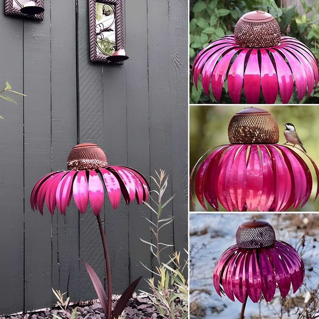Comedero de pájaros de metal con diseño de girasol para colgar en jardín exterior