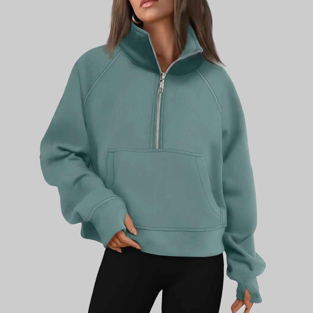 Dame Cropped Fleece Sweatshirt med Halv Lynlås til Hverdagsvarme