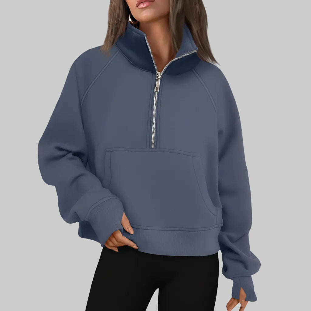 Dame Cropped Fleece Sweatshirt med Halv Lynlås til Hverdagsvarme