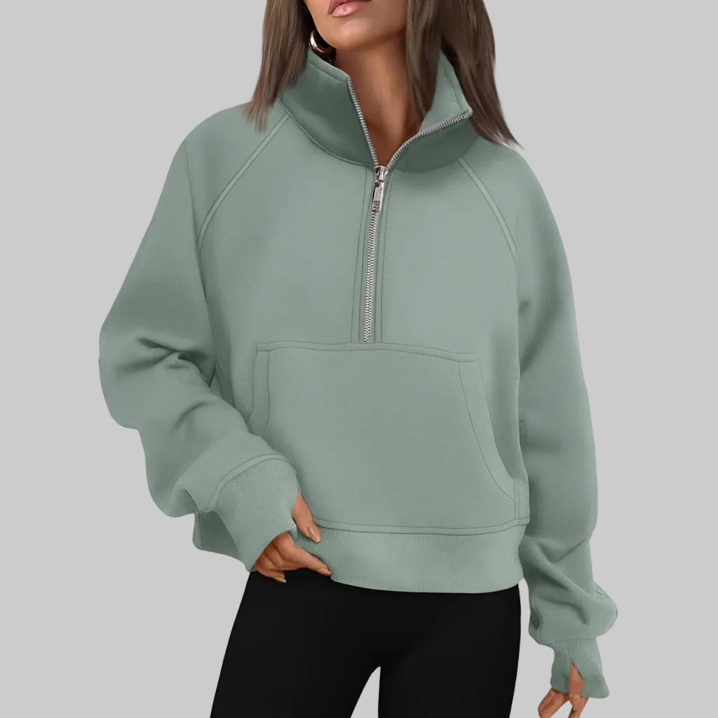 Dame Cropped Fleece Sweatshirt med Halv Lynlås til Hverdagsvarme