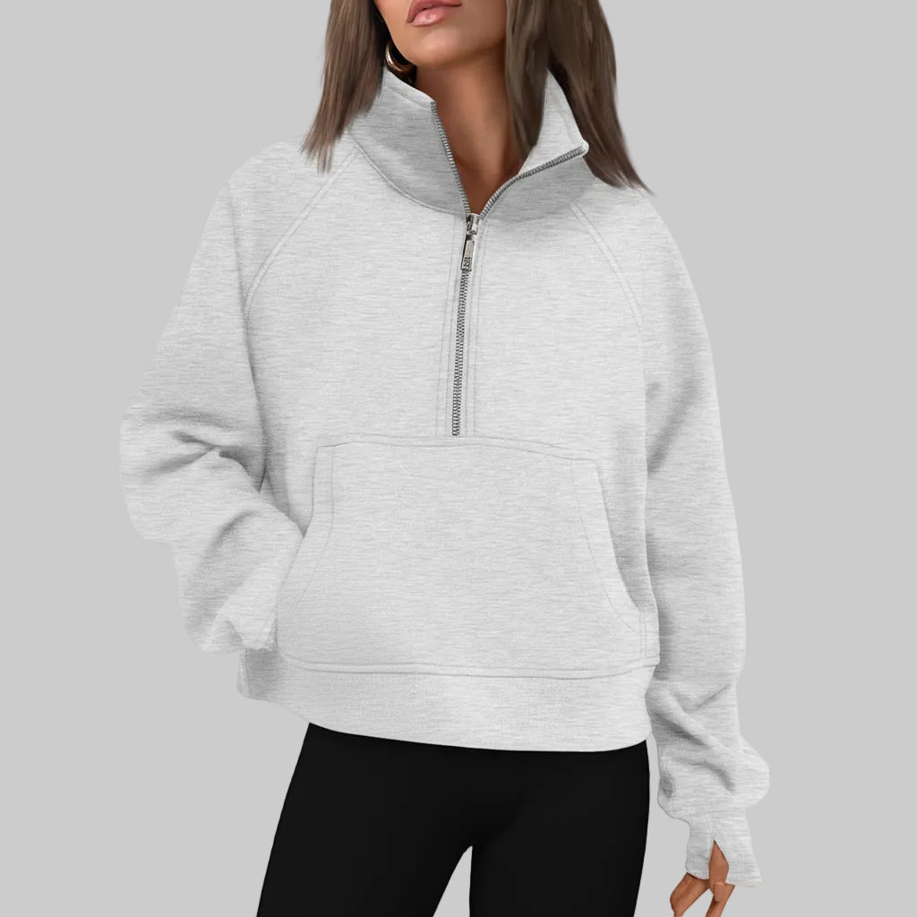 Dame Cropped Fleece Sweatshirt med Halv Lynlås til Hverdagsvarme