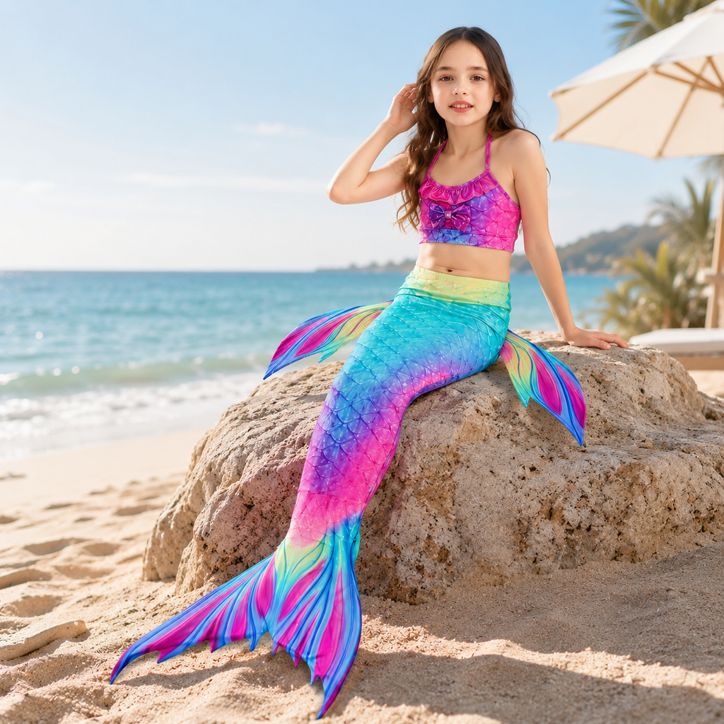 Three-Piece Mermaid Tail Costume Set For Girls' Swimsuit