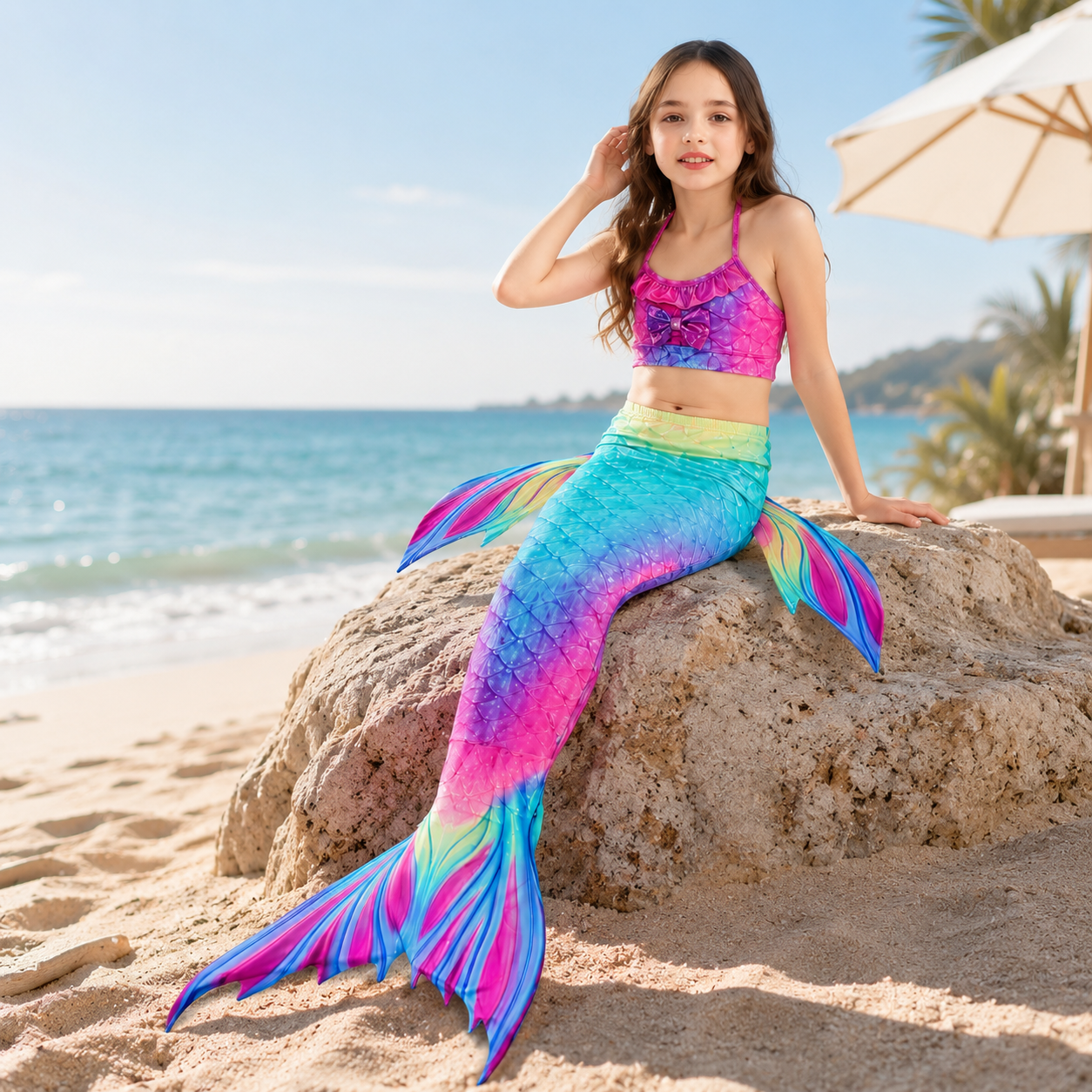 Three-Piece Mermaid Tail Costume Set For Girls' Swimsuit