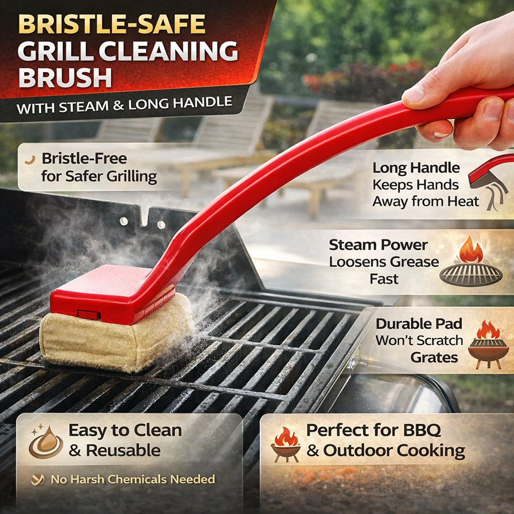 Long-Handled Steam Grill Brush With Bristleless Scrubber