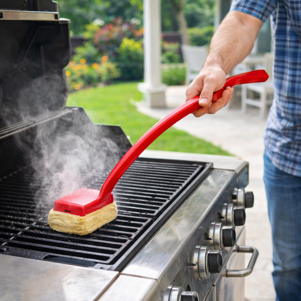 Čistič grilu s dlouhou rukojetí a parovou čisticí podložkou pro rošty na BBQ