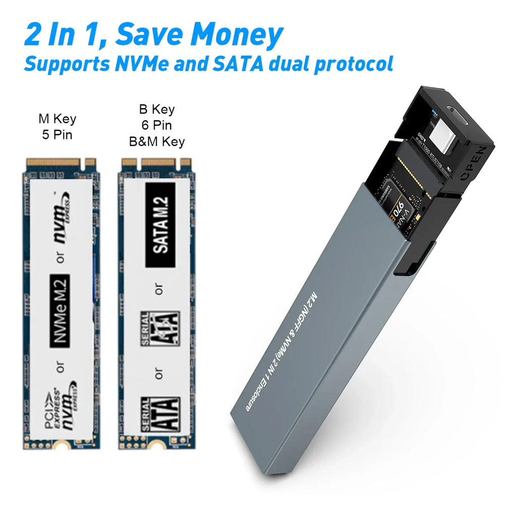 USB C NVMe a SATA SSD pouzdro pro přenosný disk