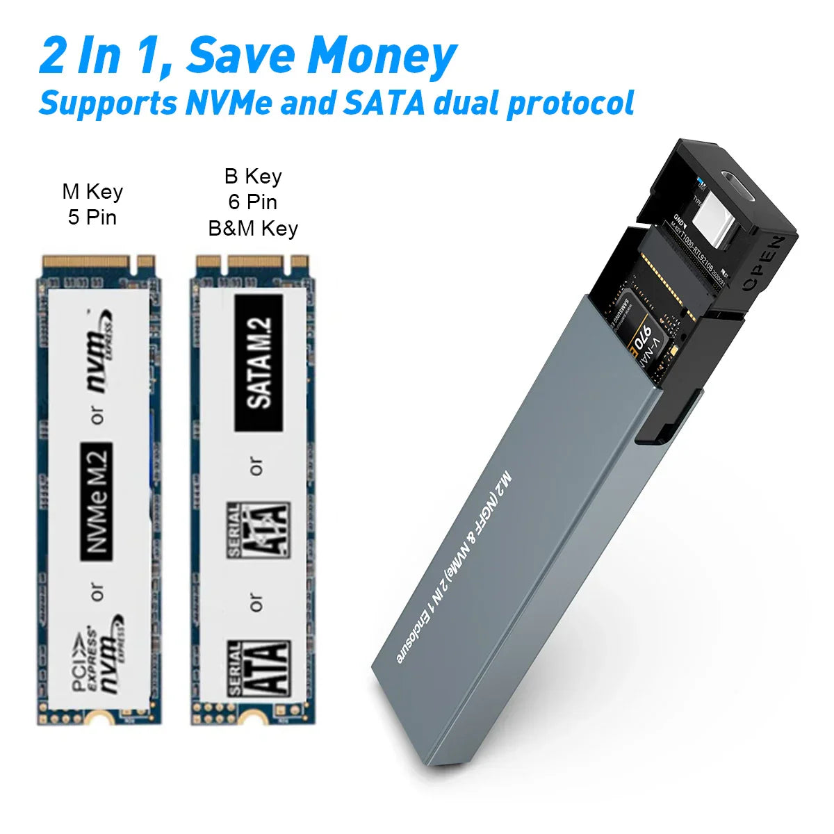 USB C NVMe a SATA SSD pouzdro pro přenosný disk