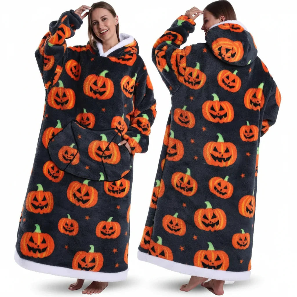 ハロウィンプリント付きオーバーサイズシェルパブランケットフーディー