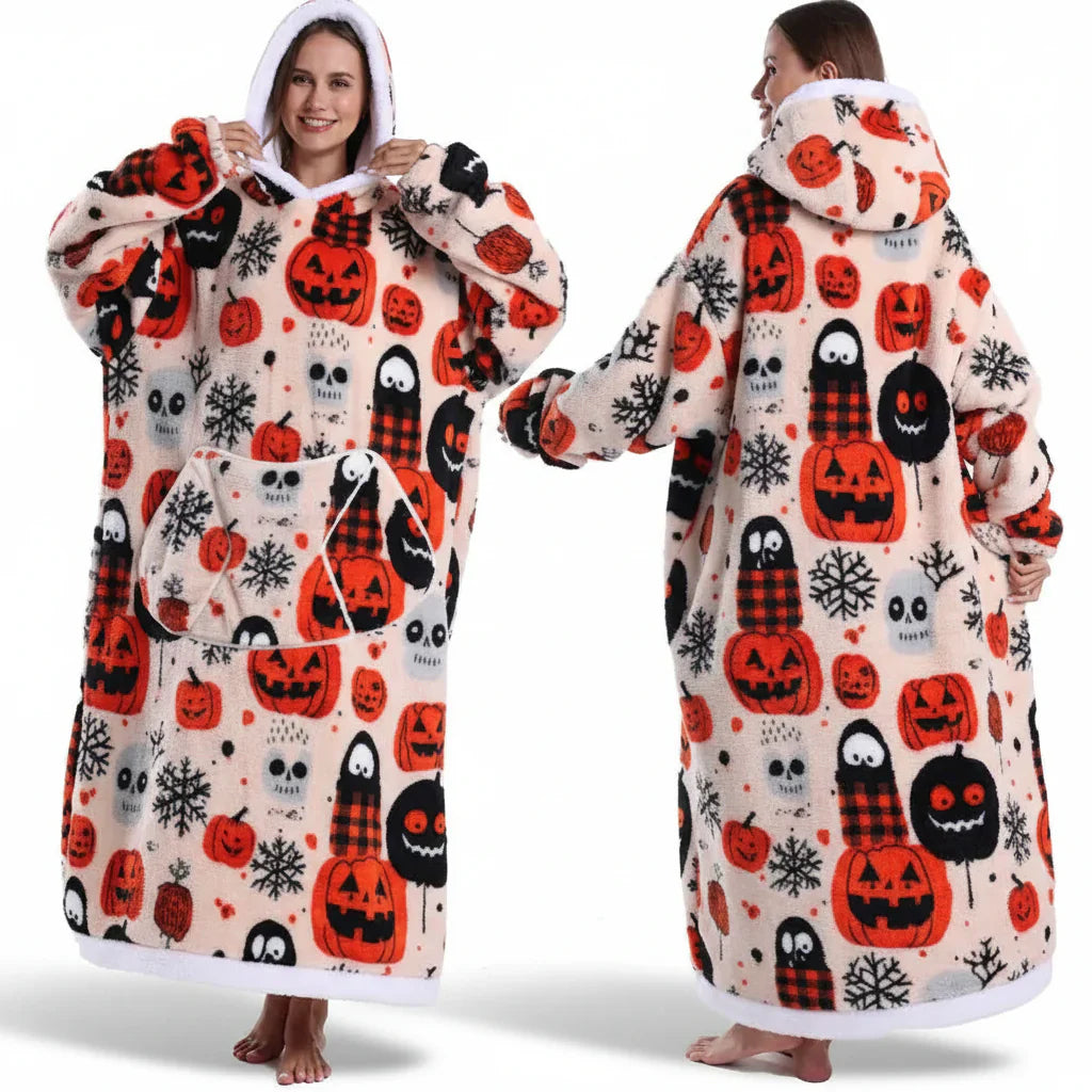 ハロウィンプリント付きオーバーサイズシェルパブランケットフーディー
