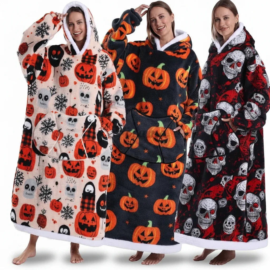 ハロウィンプリント付きオーバーサイズシェルパブランケットフーディー