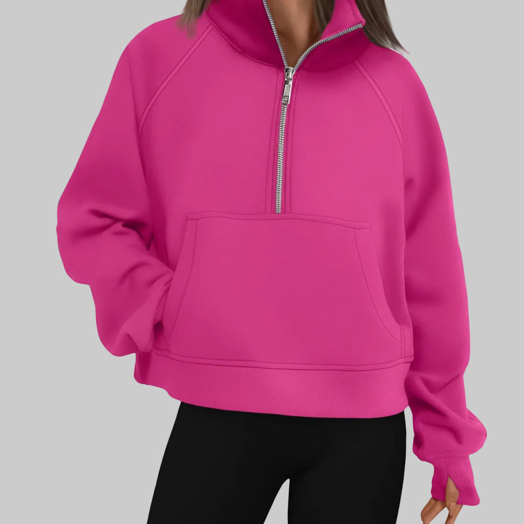 Dame Cropped Fleece Sweatshirt med Halv Lynlås til Hverdagsvarme