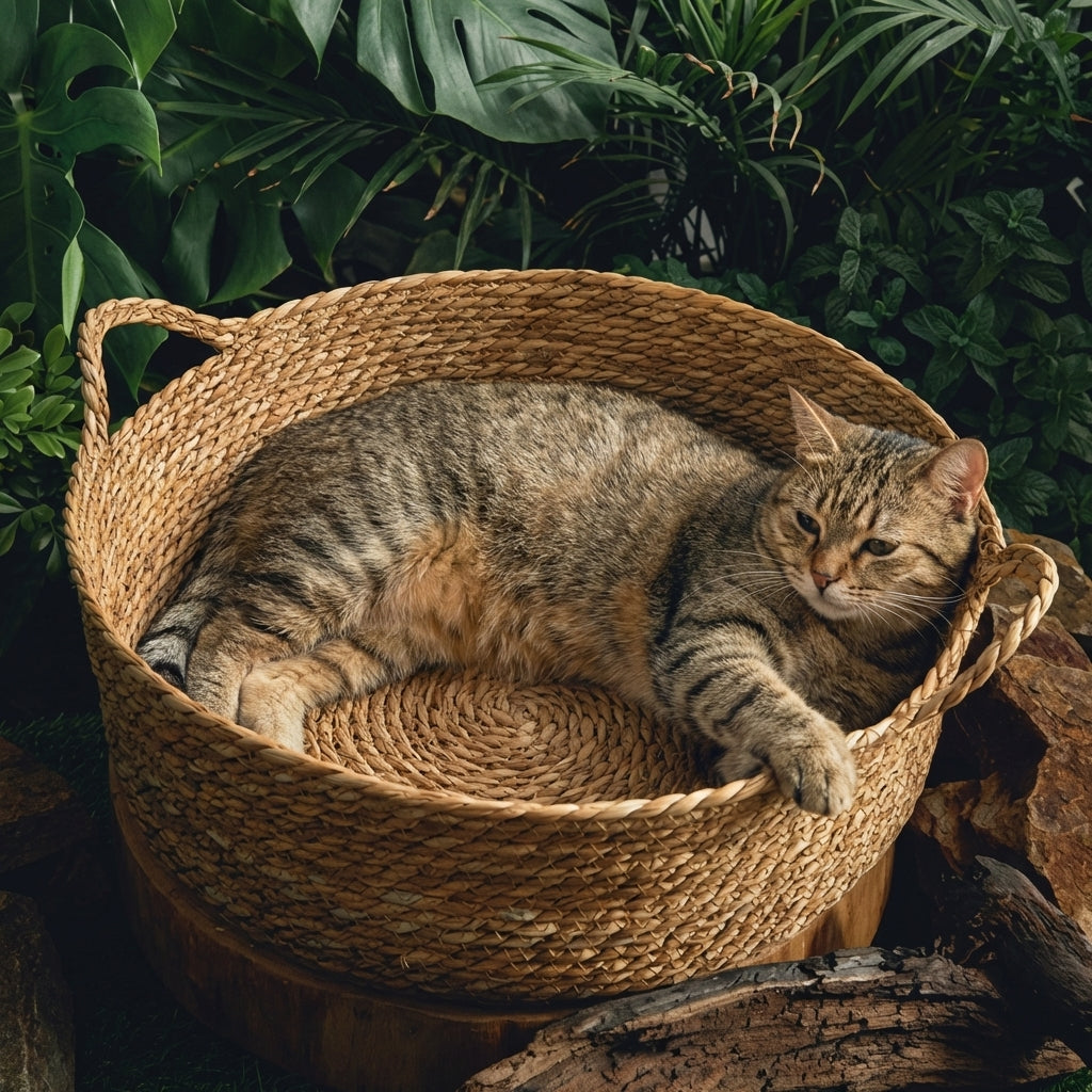 Cattail Hand-Woven Cat Basket Bed in Natural Material, 35 42 48 cm | Rosalyssa