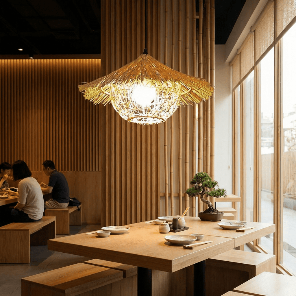 Lustre en bambou tissé à la main avec motifs à franges | Rosalyssa