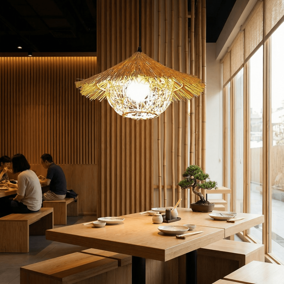 Lustre en bambou tissé à la main avec motifs à franges | Rosalyssa