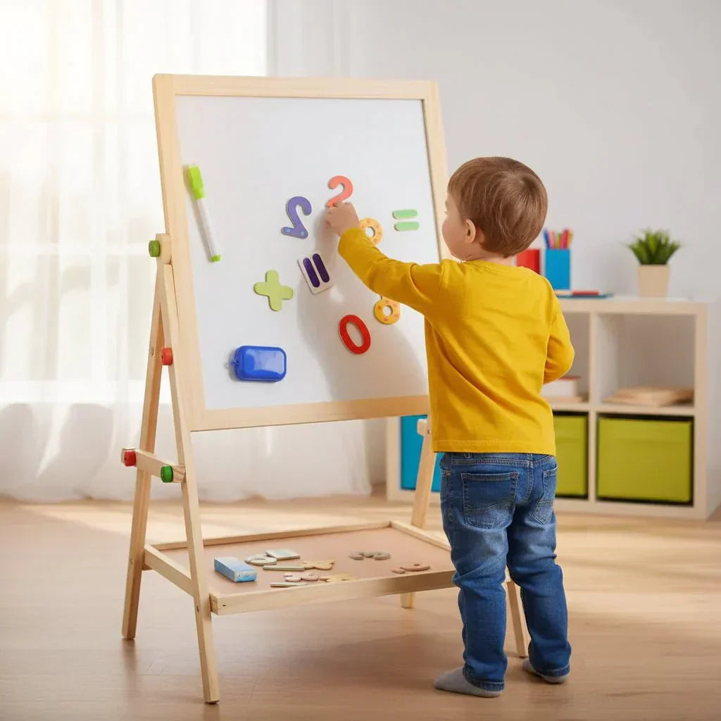 CreativeEase Magnetic Whiteboard And Chalkboard For Kids With Adjustable Wood Frame