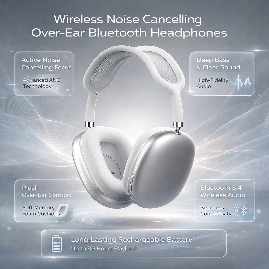 Over Ear Wireless Headphones With Noise Cancellation And Bluetooth Audio