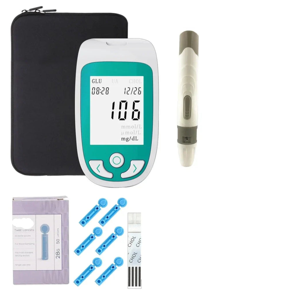 Domácí testovací sada na krevní glukózu a cholesterol s LCD displejem