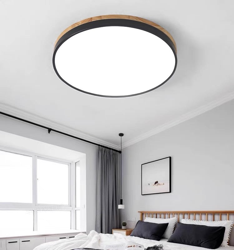 Lámpara de techo redonda de madera con LED y acrílico, regulable con luz cálida, estilo escandinavo