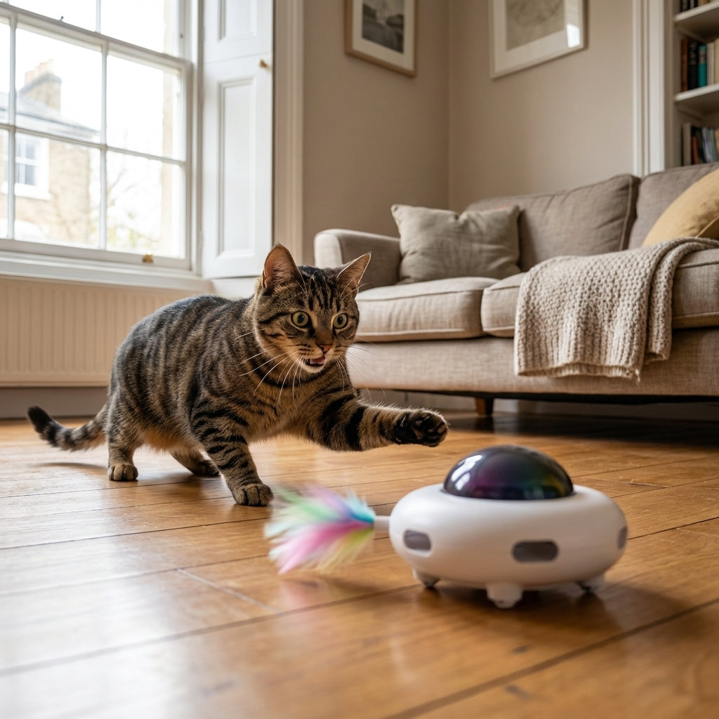 Interactive Robot Cat Toy With Feather Attachment And LED Light Paw Activated | Rosalyssa