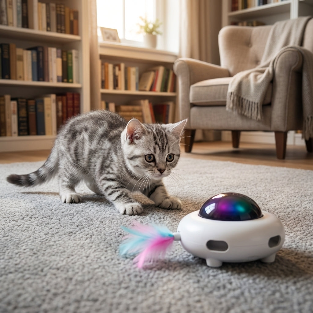 Interactive Robot Cat Toy With Feather Attachment And LED Light Paw Activated | Rosalyssa