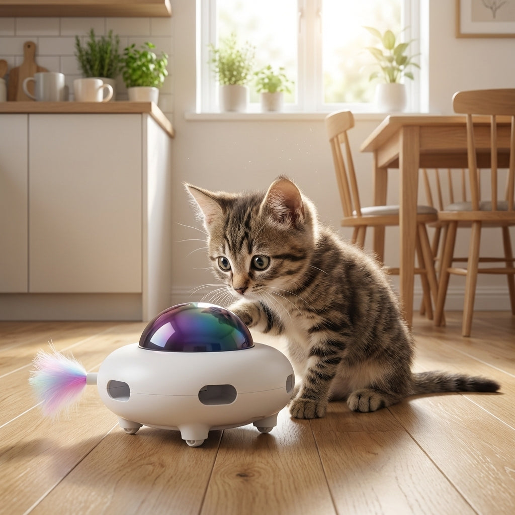 Interactive Robot Cat Toy With Feather Attachment And LED Light Paw Activated | Rosalyssa