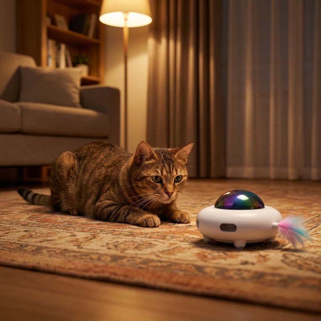 Interactive Robot Cat Toy With Feather Attachment And LED Light Paw Activated | Rosalyssa