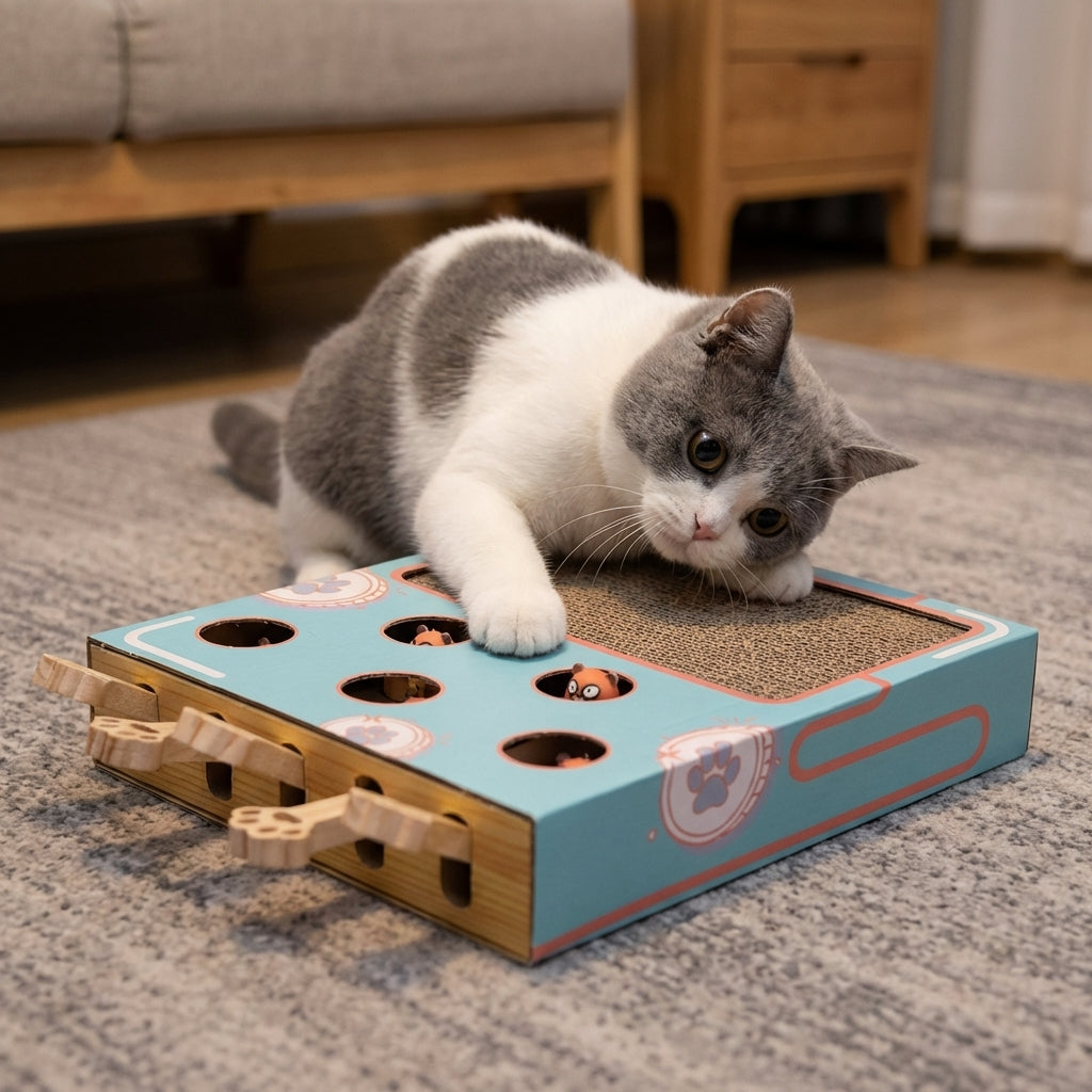 Scatola Gioco Interattiva Whack-a-Mole per Gatti con Cartone Ondulato per Graffi | Rosalyssa