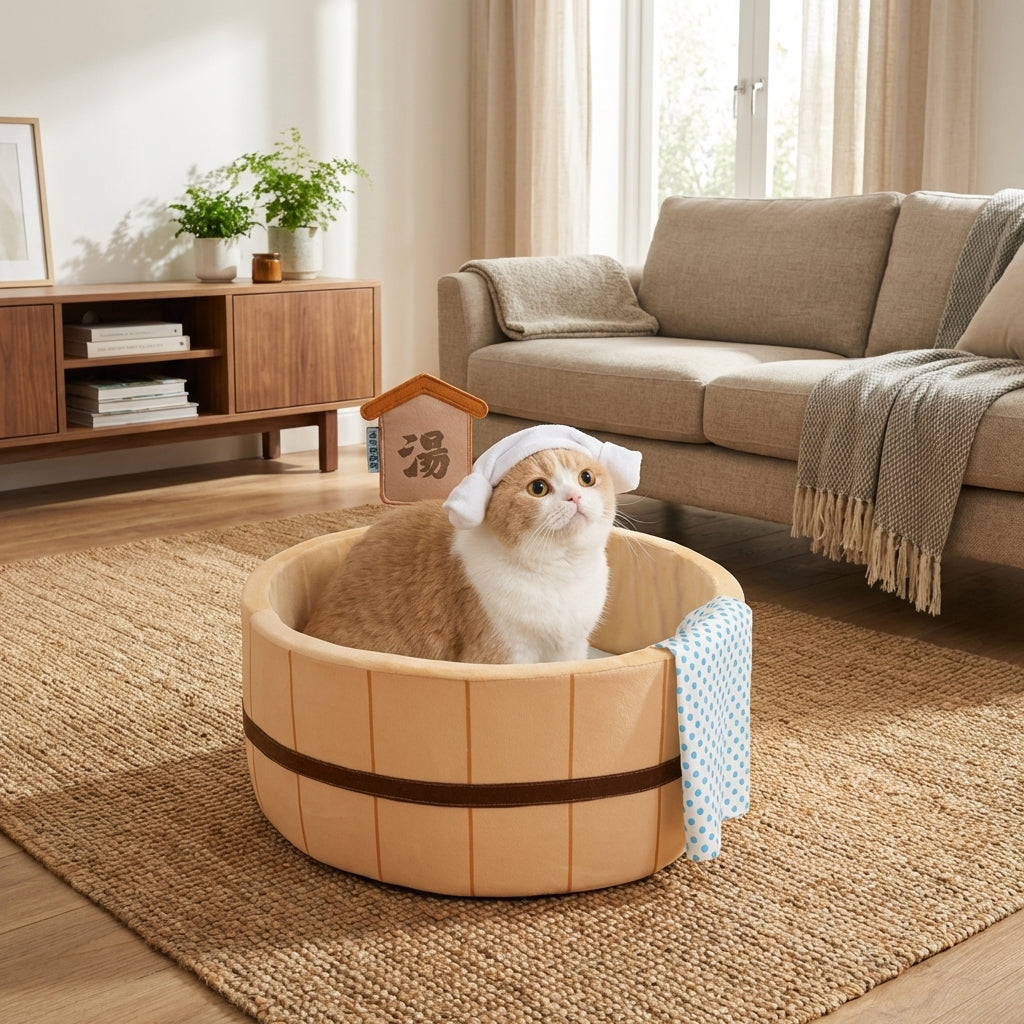 Braunes japanisch inspiriertes Katzenbett in Form einer heißen Quelle mit Baumwolle und Wellpappe | Rosalyssa