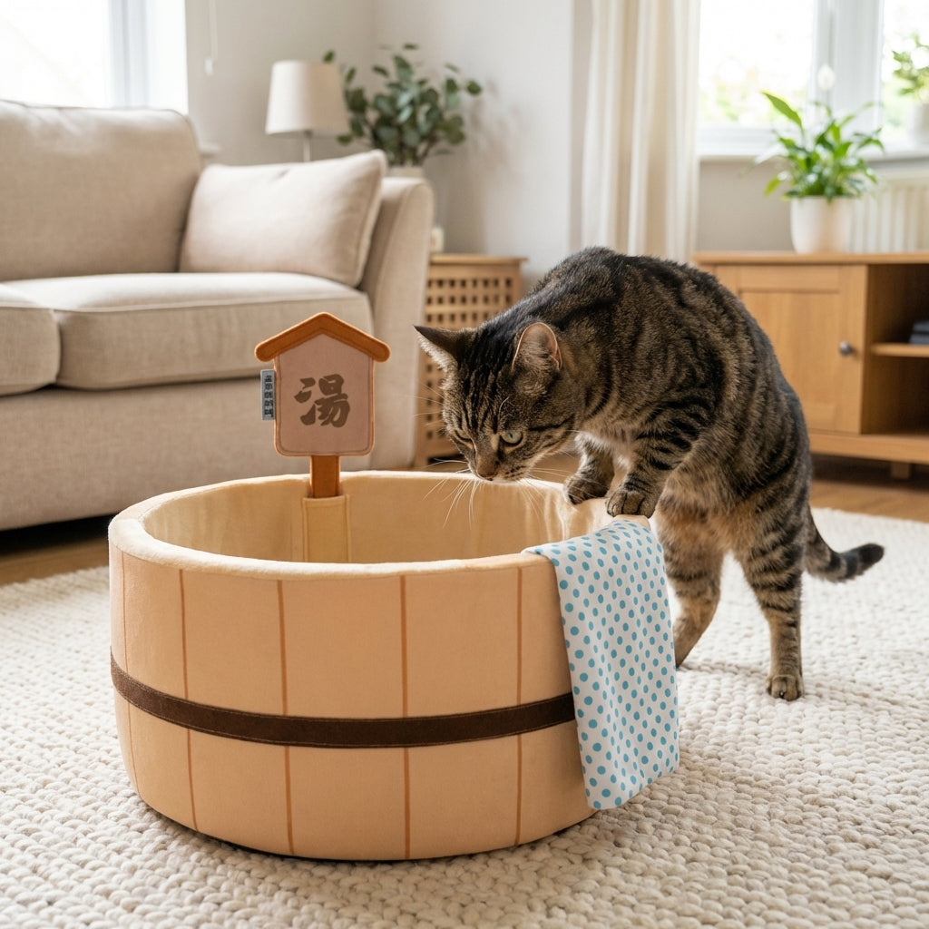 Braunes japanisch inspiriertes Katzenbett in Form einer heißen Quelle mit Baumwolle und Wellpappe | Rosalyssa