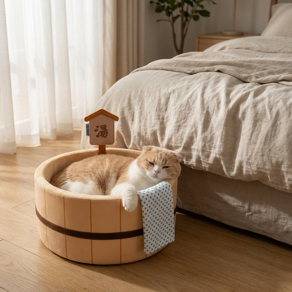 Braunes japanisch inspiriertes Katzenbett in Form einer heißen Quelle mit Baumwolle und Wellpappe | Rosalyssa