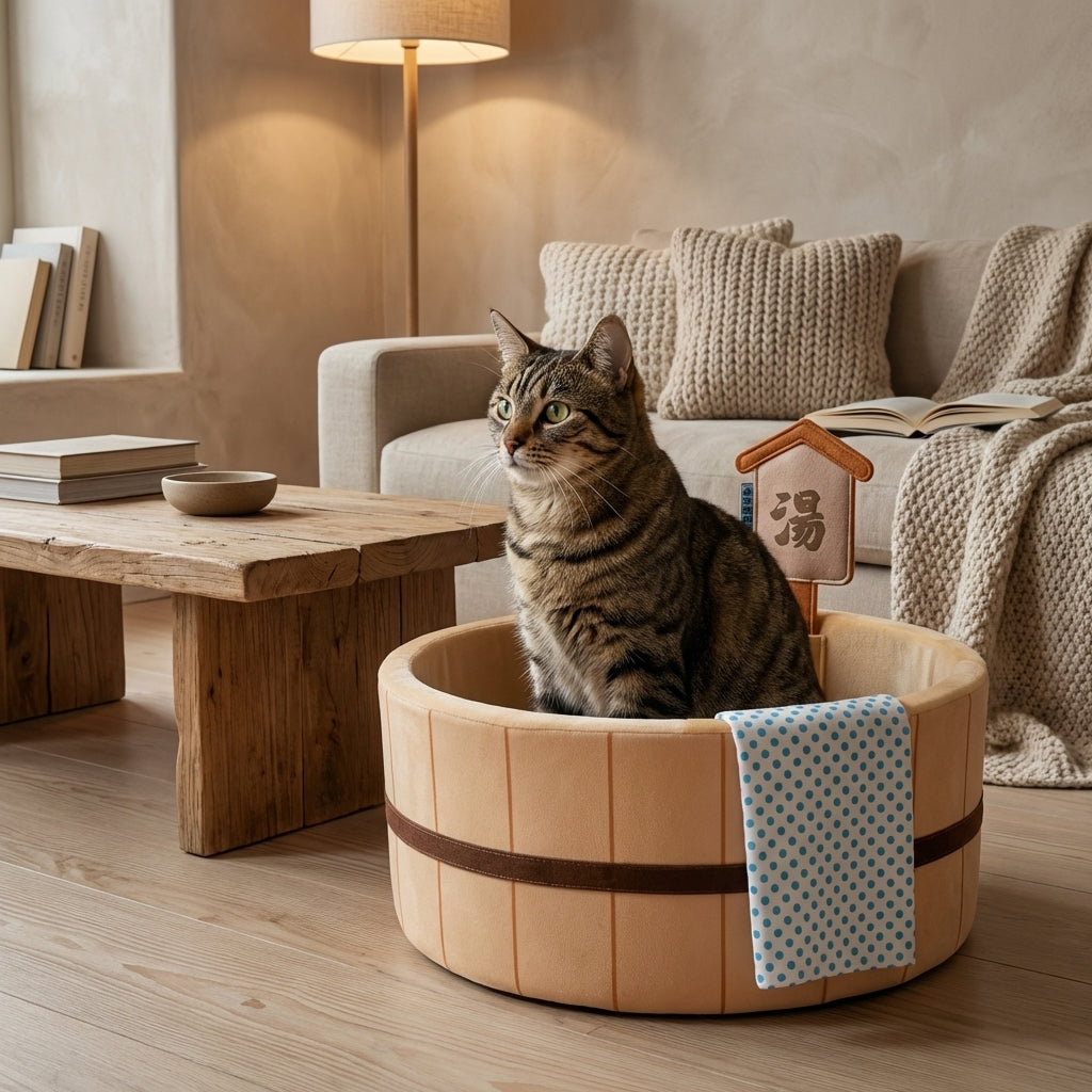 Braunes japanisch inspiriertes Katzenbett in Form einer heißen Quelle mit Baumwolle und Wellpappe | Rosalyssa