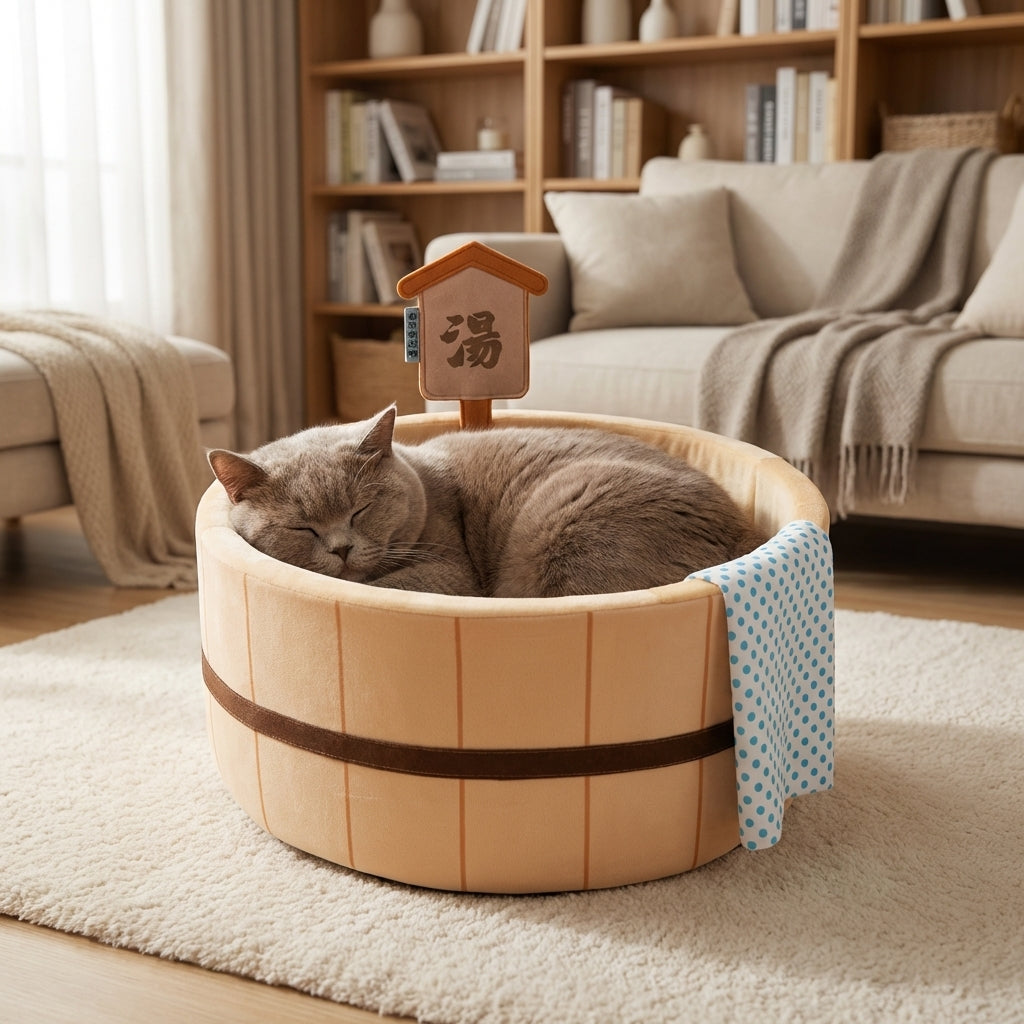 Braunes japanisch inspiriertes Katzenbett in Form einer heißen Quelle mit Baumwolle und Wellpappe | Rosalyssa