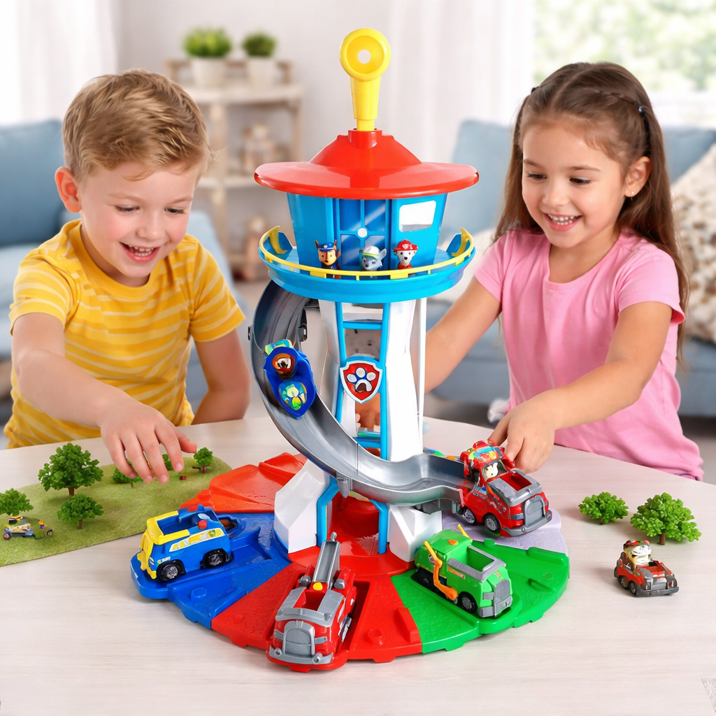 Conjunto de Brinquedos para Crianças com Torre de Escorrega e Veículos de Pista