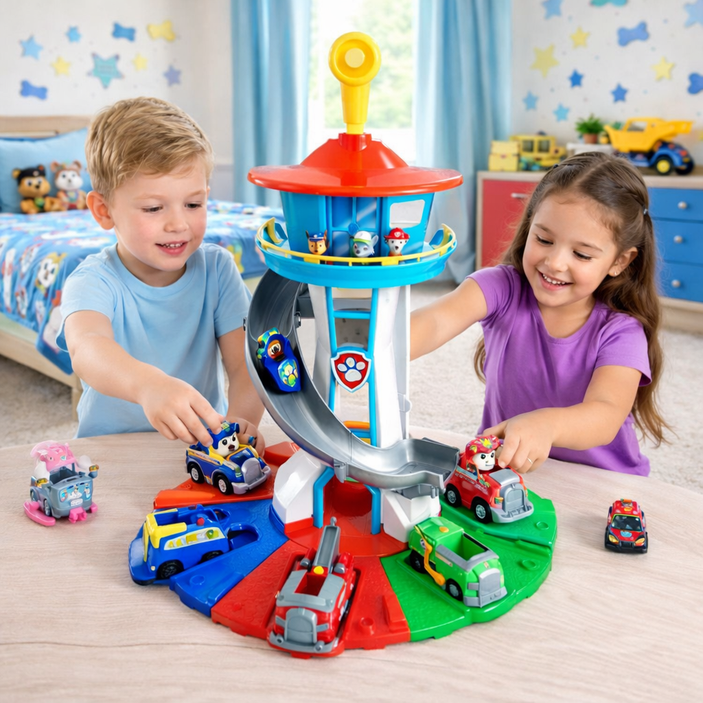 Conjunto de Brinquedos para Crianças com Torre de Escorrega e Veículos de Pista