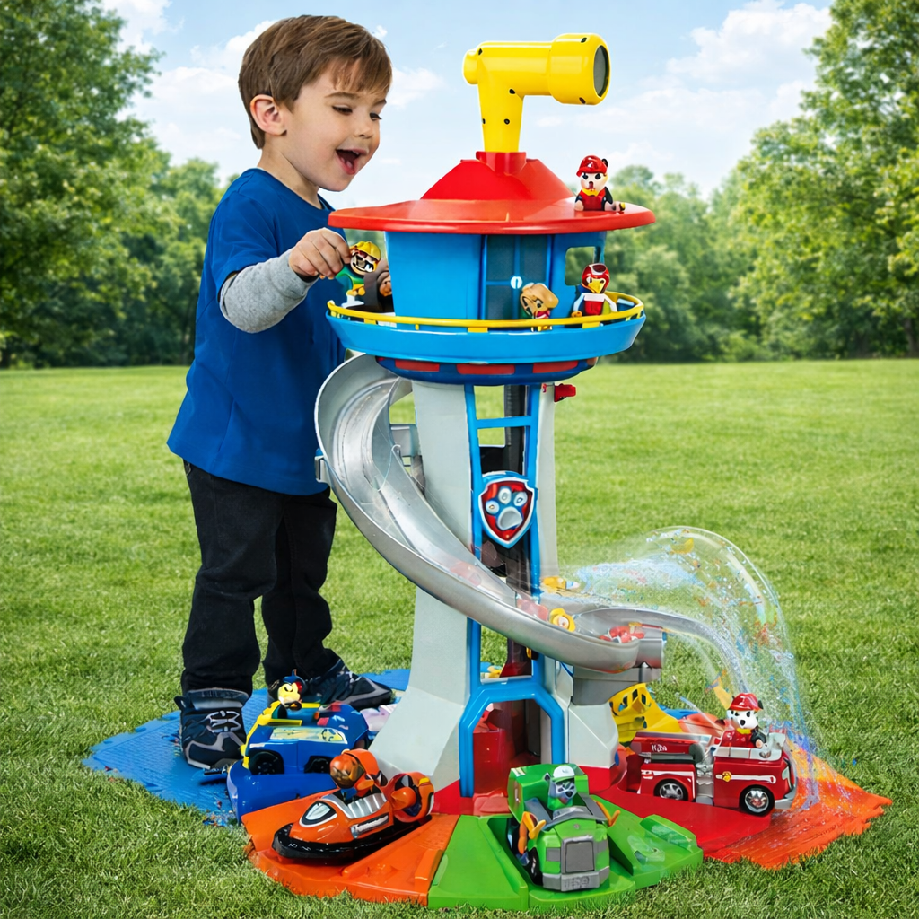 Conjunto de Brinquedos para Crianças com Torre de Escorrega e Veículos de Pista
