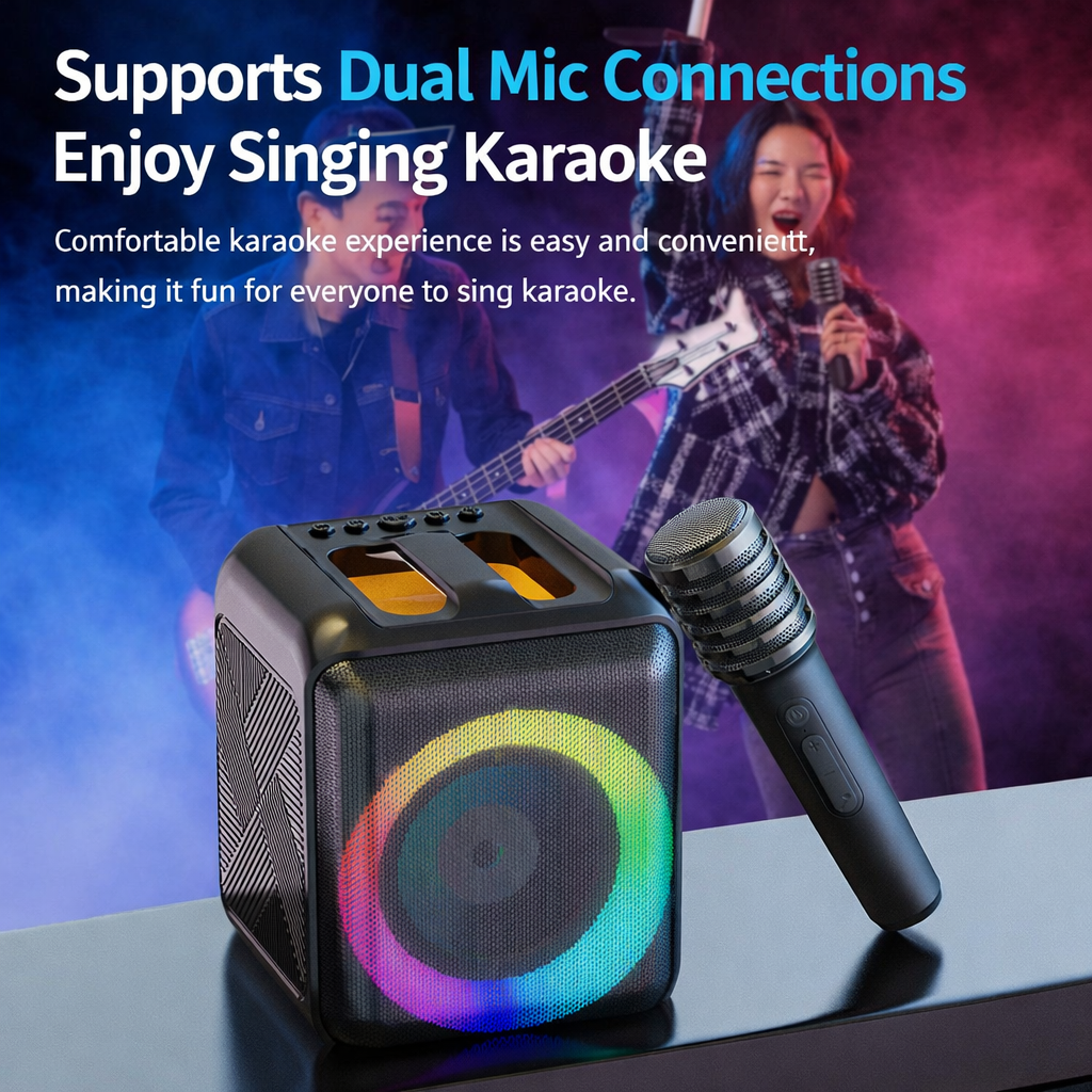 Bluetooth karaoke zařízení s přenosným reproduktorem a bezdrátovými mikrofony