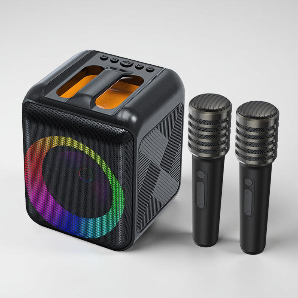 Bluetooth karaoke zařízení s přenosným reproduktorem a bezdrátovými mikrofony