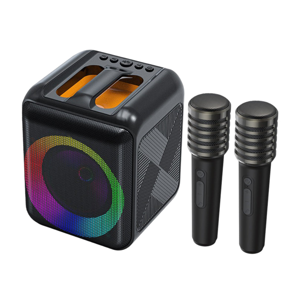 Bluetooth karaoke zařízení s přenosným reproduktorem a bezdrátovými mikrofony