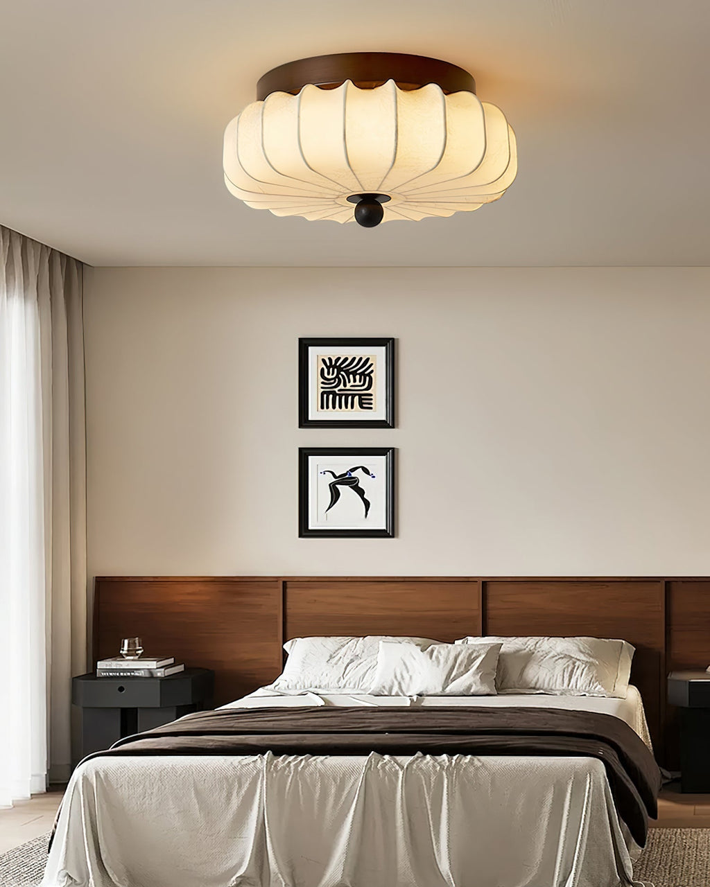 Walnut Frame Ceiling Light With Fabric Shade Vintage Style Integrated LED