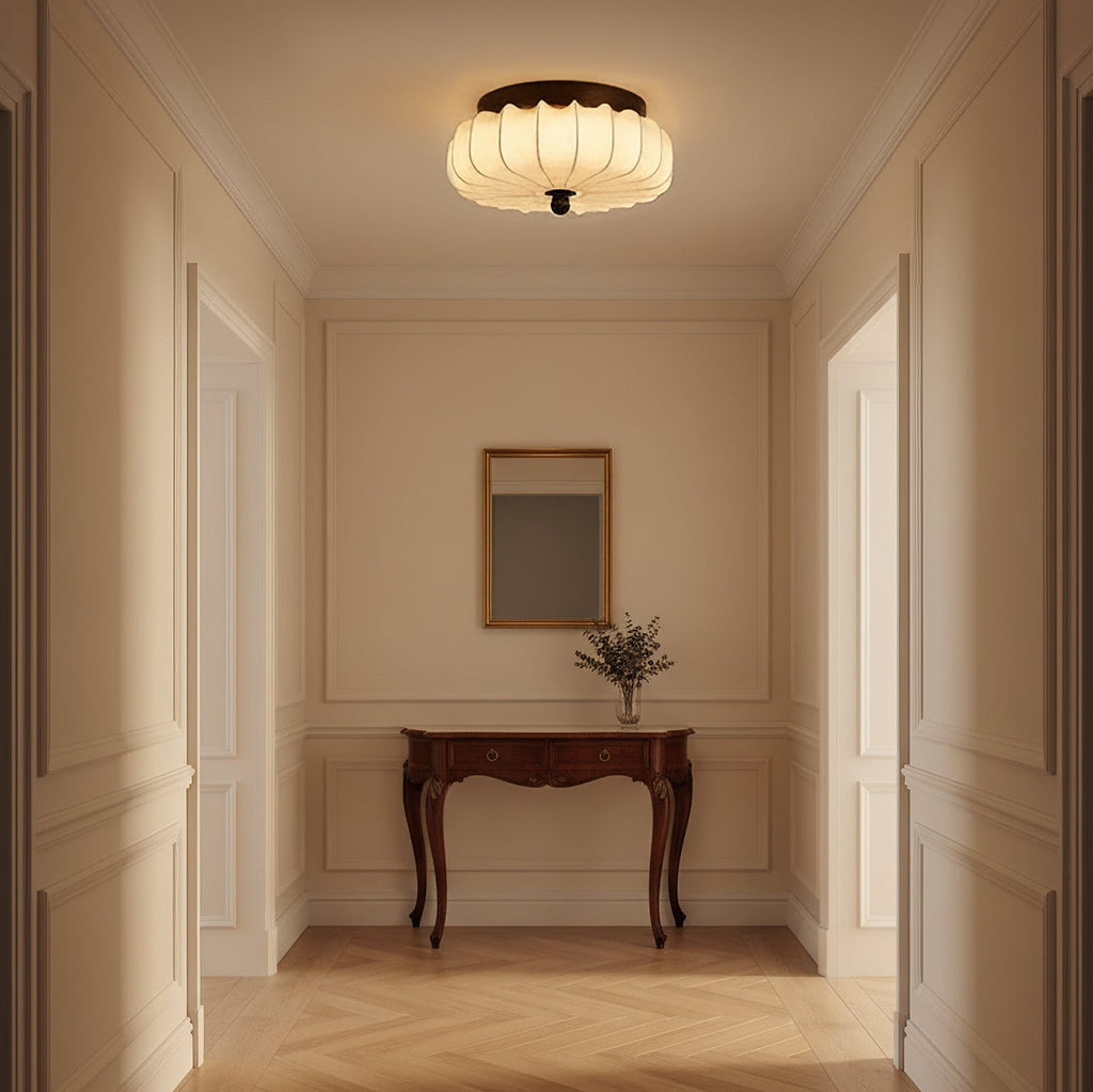 Walnut Frame Ceiling Light With Fabric Shade Vintage Style Integrated LED