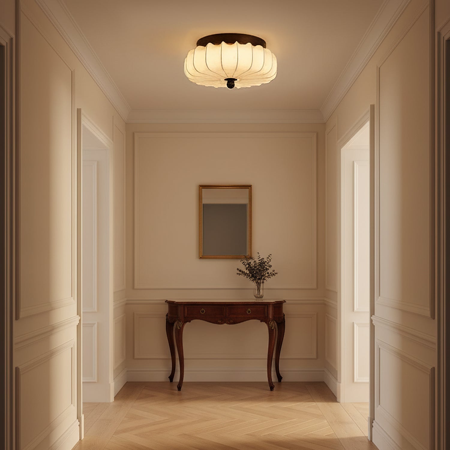 Walnut Frame Ceiling Light With Fabric Shade Vintage Style Integrated LED