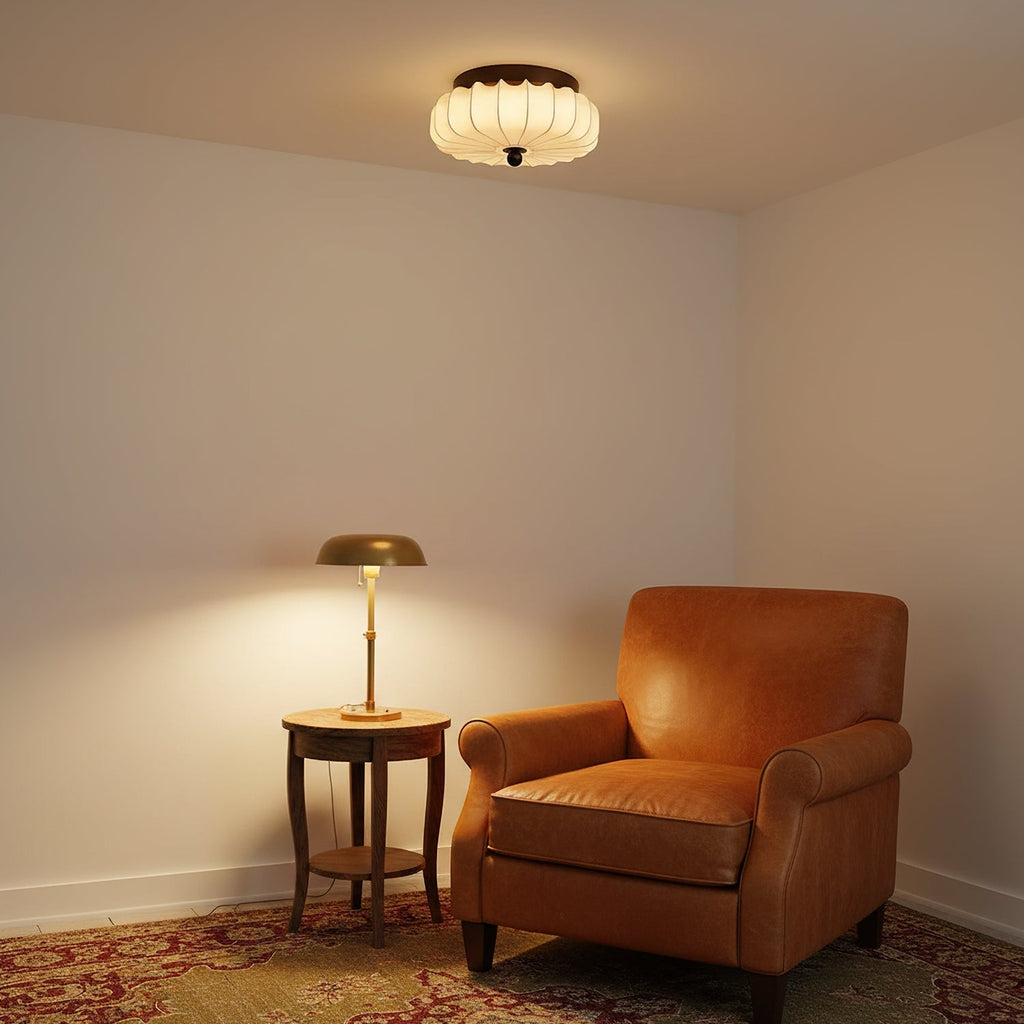 Walnut Frame Ceiling Light With Fabric Shade Vintage Style Integrated LED
