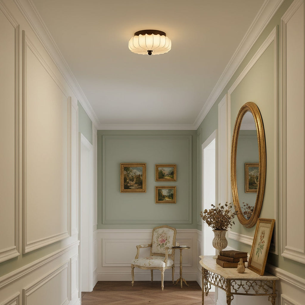 Walnut Frame Ceiling Light With Fabric Shade Vintage Style Integrated LED