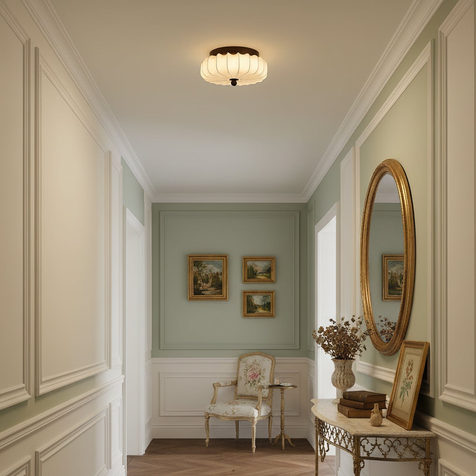 Walnut Frame Ceiling Light With Fabric Shade Vintage Style Integrated LED