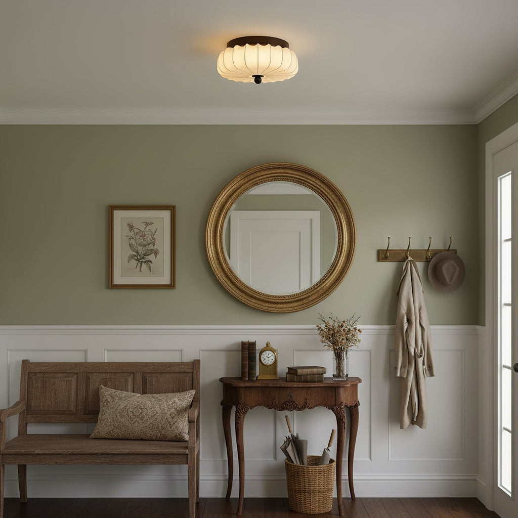 Walnut Frame Ceiling Light With Fabric Shade Vintage Style Integrated LED