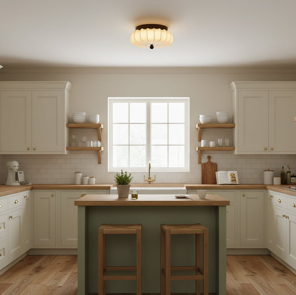 Walnut Frame Ceiling Light With Fabric Shade Vintage Style Integrated LED