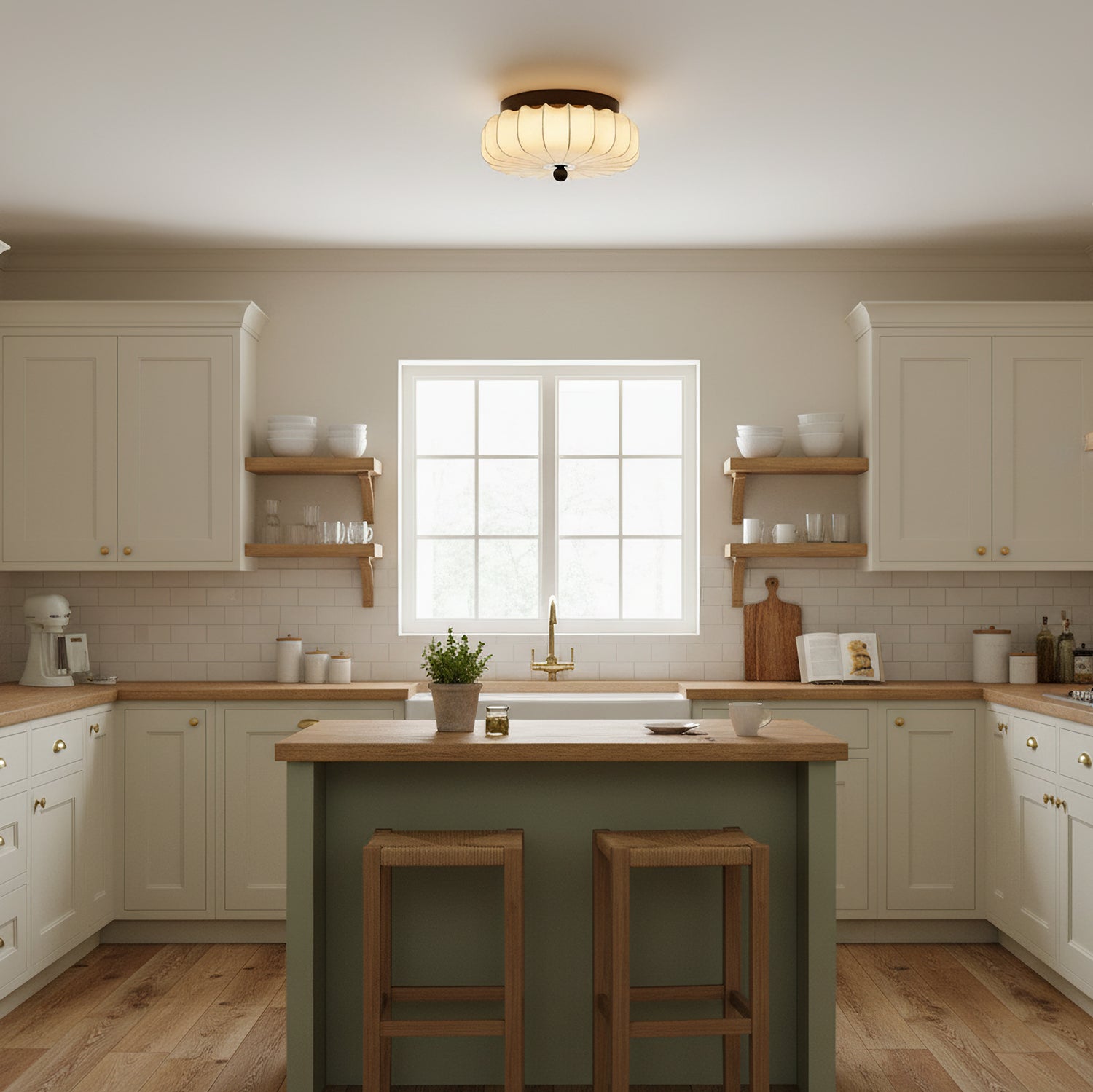 Walnut Frame Ceiling Light With Fabric Shade Vintage Style Integrated LED
