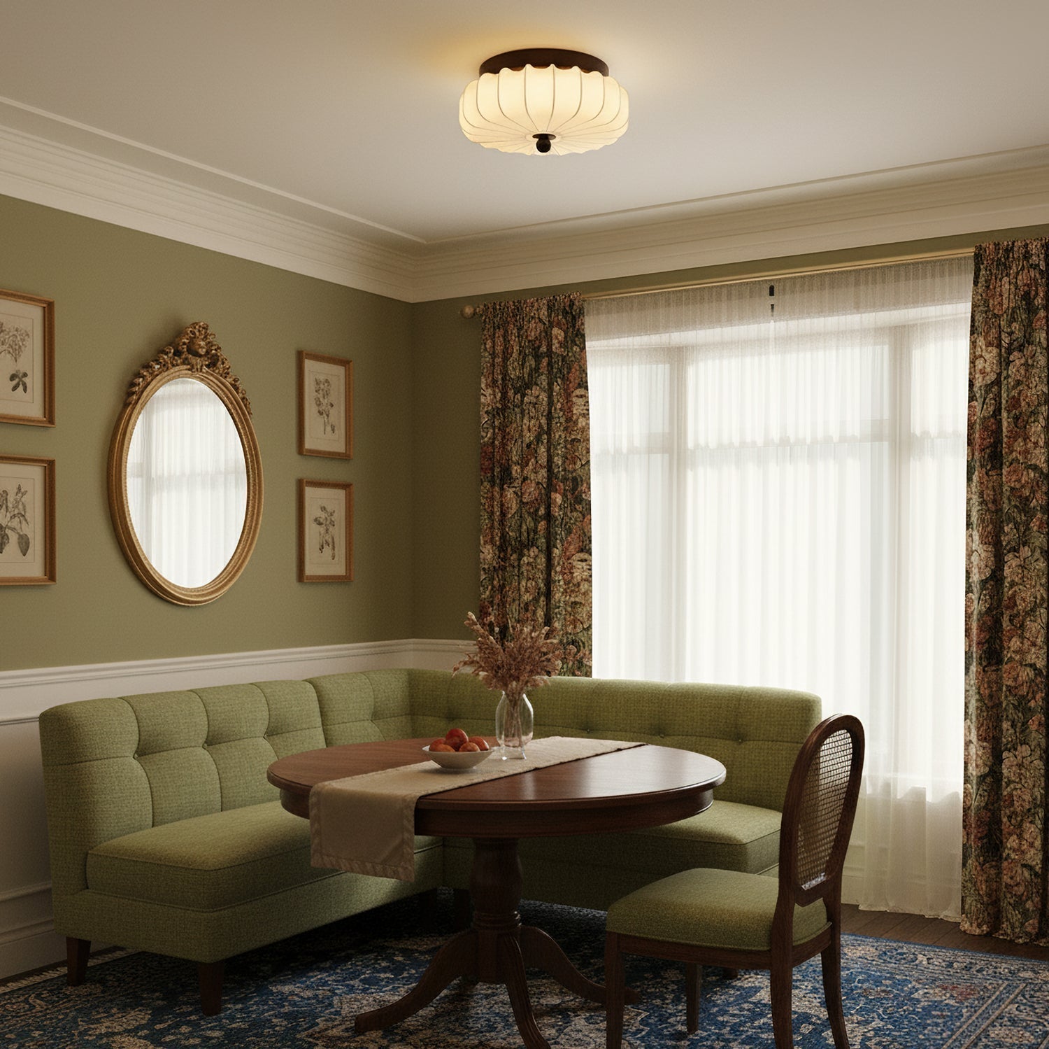 Walnut Frame Ceiling Light With Fabric Shade Vintage Style Integrated LED