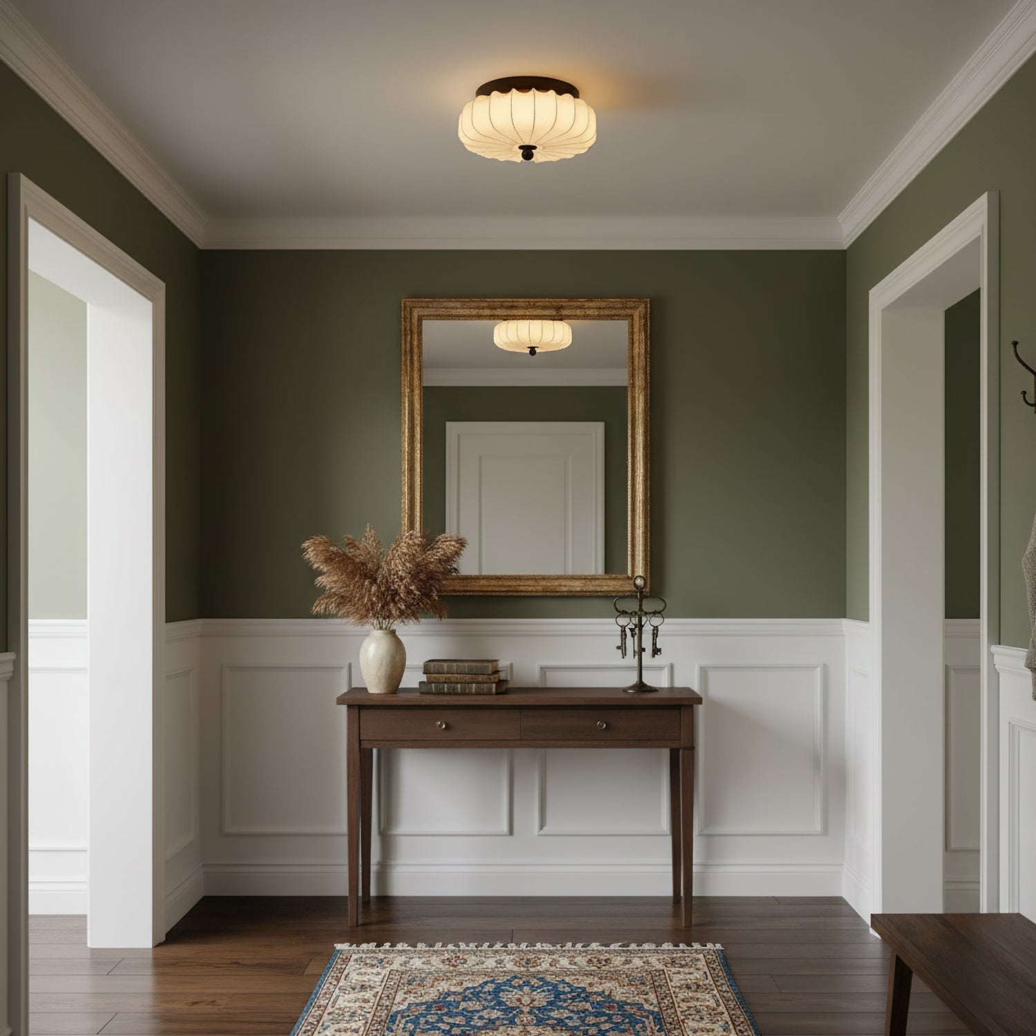 Walnut Frame Ceiling Light With Fabric Shade Vintage Style Integrated LED